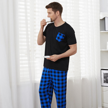 Charger l'image dans la galerie, Ensemble de pyjama pour homme à carreaux bleus, short et manches courtes