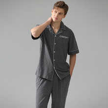 Load image into Gallery viewer, Gray Plaid Short Sleeved Top And Trousers Men's Pajamas Set