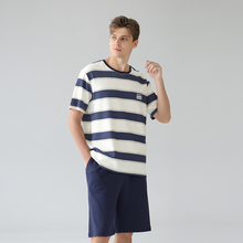 Load image into Gallery viewer, Men's Blue Stripe Shots Cotton Pajamas Set