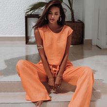 Charger l'image dans la galerie, Ensemble de pyjama sans manches en pur coton orange à jambes larges