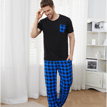 Charger l'image dans la galerie, Ensemble de pyjama pour homme à carreaux bleus, short et manches courtes