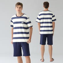 Charger l'image dans la galerie, Pyjama en coton rayé bleu pour homme