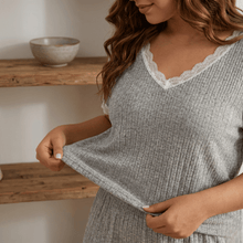 Charger l'image dans la galerie, Ensemble pyjama grande taille short avec dentelle côtelée – Abricot
