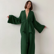 Charger l'image dans la galerie, Ensemble pyjama et kimono amples de couleur unie en pur coton