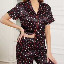 Load image into Gallery viewer, Heart Print Lapel Silk Pajamas Set