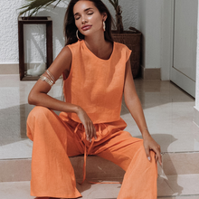 Charger l'image dans la galerie, Ensemble de pyjama sans manches en pur coton orange à jambes larges