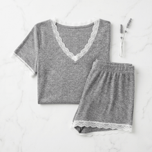 Charger l'image dans la galerie, Ensemble pyjama grande taille short avec dentelle côtelée – Abricot