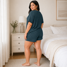 Charger l'image dans la galerie, Ensemble de pyjama côtelé grande taille Short Cœur minimaliste – Bleu Poussière