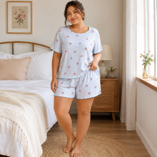Charger l'image dans la galerie, Ensemble short de pyjama côtelé grande taille à rayures cerises bleues