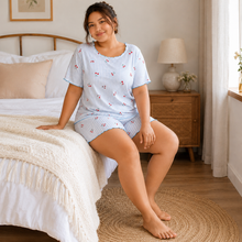 Charger l'image dans la galerie, Ensemble short de pyjama côtelé grande taille à rayures cerises bleues