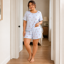 Charger l'image dans la galerie, Ensemble short de pyjama côtelé grande taille à rayures cerises bleues