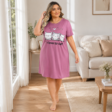 Charger l'image dans la galerie, Chemise de nuit grande taille « Kitty Love » chat de dessin animé – Rose vif
