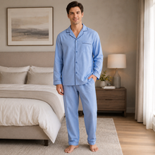 Charger l'image dans la galerie, Ensemble de pyjama pour homme en popeline à carreaux bleus et verts