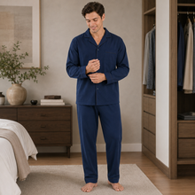 Charger l'image dans la galerie, Ensemble de pyjama pour homme en popeline à carreaux bleus et verts