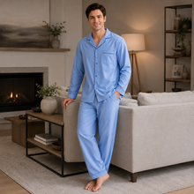 Charger l'image dans la galerie, Ensemble de pyjama pour homme en popeline à carreaux bleus et verts