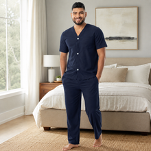 Charger l'image dans la galerie, Ensemble de pyjama pour homme en popeline à carreaux marine et blanc