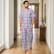 Charger l'image dans la galerie, Ensemble de pyjama pour homme en popeline à carreaux marine et blanc