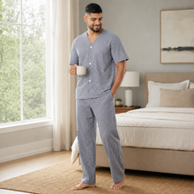 Charger l'image dans la galerie, Ensemble de pyjama pour homme en popeline à carreaux marine et blanc