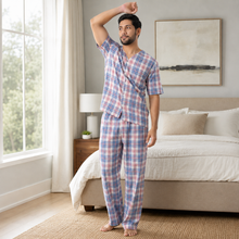 Charger l'image dans la galerie, Ensemble de pyjama pour homme en popeline à carreaux marine et blanc