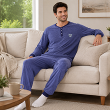 Charger l'image dans la galerie, Ensemble de pyjama pour homme en jersey flammé marine avec col Henley