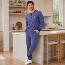 Charger l'image dans la galerie, Ensemble de pyjama pour homme en jersey flammé marine avec col Henley