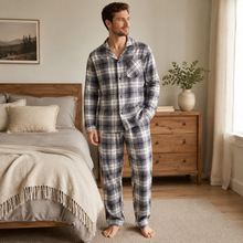 Charger l'image dans la galerie, Ensemble de pyjama en flanelle de coton à carreaux boutonnée pour homme