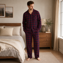 Charger l'image dans la galerie, Ensemble de pyjama en flanelle de coton à carreaux boutonnée pour homme