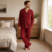 Charger l'image dans la galerie, Ensemble de pyjama en flanelle de coton à carreaux boutonnée pour homme
