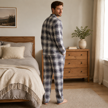 Charger l'image dans la galerie, Ensemble de pyjama en flanelle de coton à carreaux boutonnée pour homme