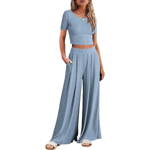 Wide Leg Pajamas With Matching Short Sleeve Top