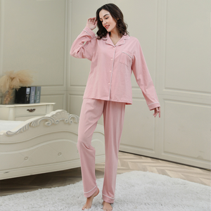 Pure Cotton Solid Color Cardigan Pajamas Set For Women