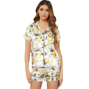 Silk Lemon Print Short Sleeves Pajamas Set