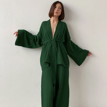 Load image into Gallery viewer, Pure Cotton Wide Leg Solid Color Pajamas and Kimono Set
