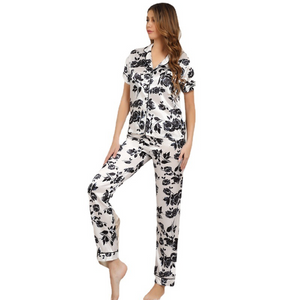 Black Rose Printed Short Sleeve Pajamas Set