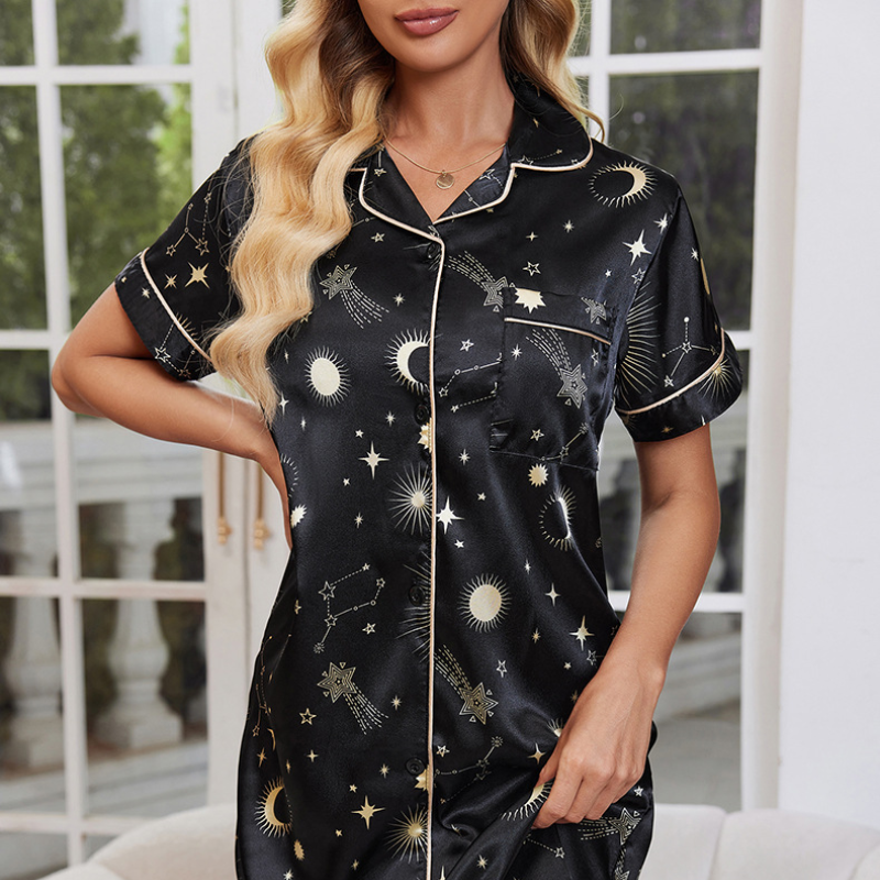 Sky Black Cardigan Lapel Short Sleeve Sleepwear