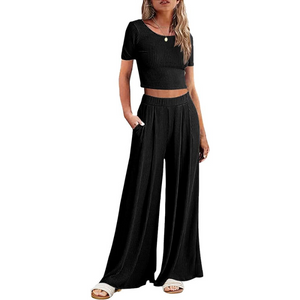 Wide Leg Pajamas With Matching Short Sleeve Top