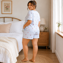 Charger l'image dans la galerie, Ensemble short de pyjama côtelé grande taille à rayures cerises bleues
