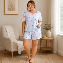 Charger l'image dans la galerie, Ensemble short de pyjama côtelé grande taille à rayures cerises bleues
