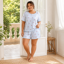 Charger l'image dans la galerie, Ensemble short de pyjama côtelé grande taille à rayures cerises bleues
