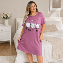 Charger l'image dans la galerie, Chemise de nuit grande taille « Kitty Love » chat de dessin animé – Rose vif
