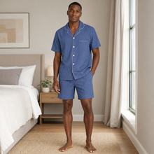 Charger l'image dans la galerie, Ensemble de pyjama court à rayures bleu froid pour homme
