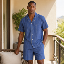 Charger l'image dans la galerie, Ensemble de pyjama court à rayures bleu froid pour homme
