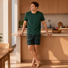 Charger l'image dans la galerie, Ensemble de pyjama pour homme à carreaux avec poche – Pyjama 2 pièces à manches courtes
