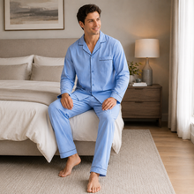 Charger l'image dans la galerie, Ensemble de pyjama pour homme en popeline à carreaux bleus et verts
