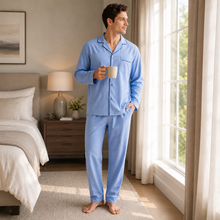 Charger l'image dans la galerie, Ensemble de pyjama pour homme en popeline à carreaux bleus et verts
