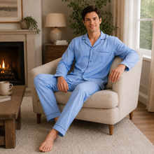 Charger l'image dans la galerie, Ensemble de pyjama pour homme en popeline à carreaux bleus et verts
