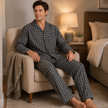Charger l'image dans la galerie, Ensemble de pyjama pour homme en popeline à carreaux bleus et verts
