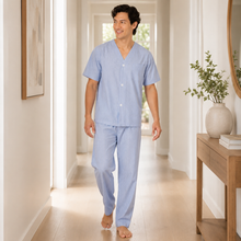 Charger l'image dans la galerie, Ensemble de pyjama pour homme en popeline à carreaux marine et blanc
