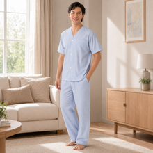 Charger l'image dans la galerie, Ensemble de pyjama pour homme en popeline à carreaux marine et blanc
