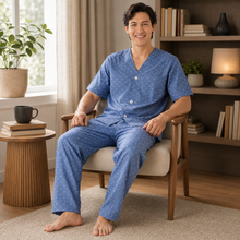 Charger l'image dans la galerie, Ensemble de pyjama pour homme en popeline à carreaux marine et blanc
